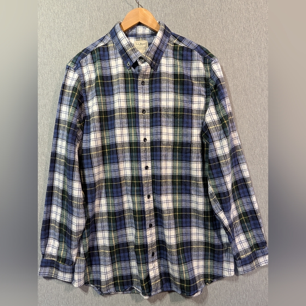 L.L. Bean Plaid Flannel Shirt Men's L-Tall Blue Green Scotch Traditional Fit